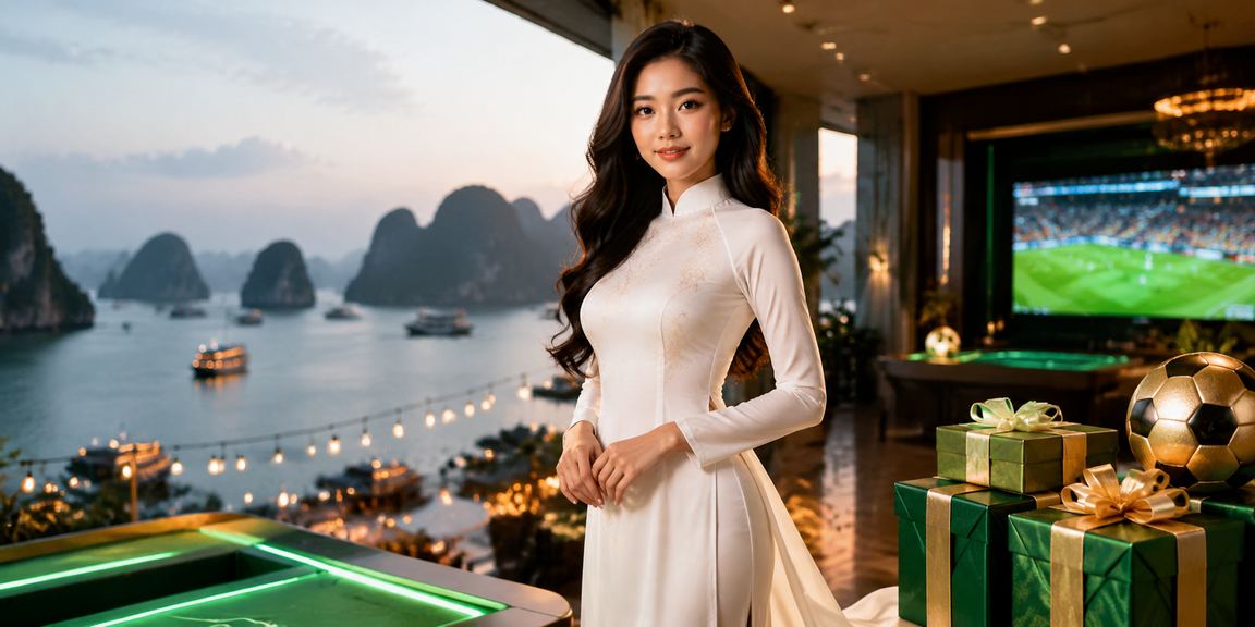Khung cảnh vịnh Hạ Long với tàu và người Việt Nam mặc áo dài